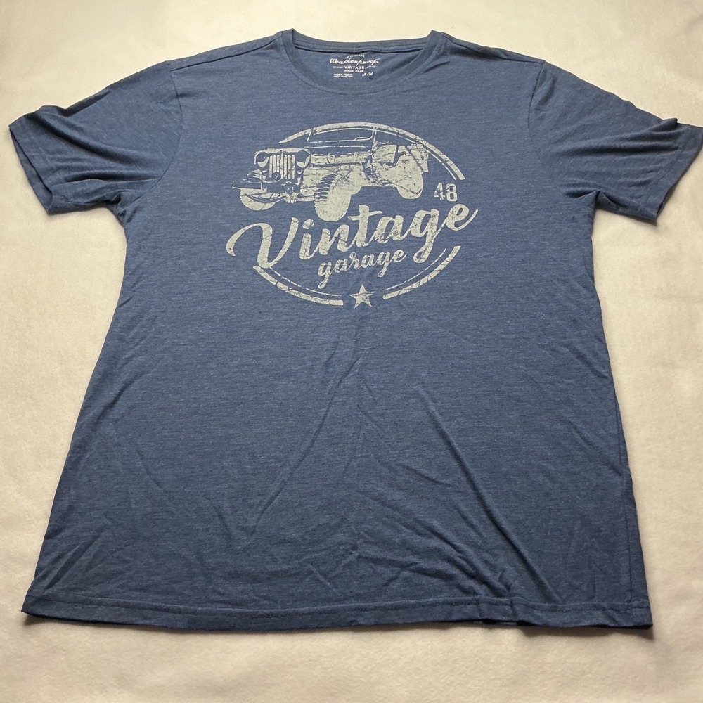 Weatherproof Vintage Mens Blue Graphic T-Shirt Medium Vintage Garage Jeep 48